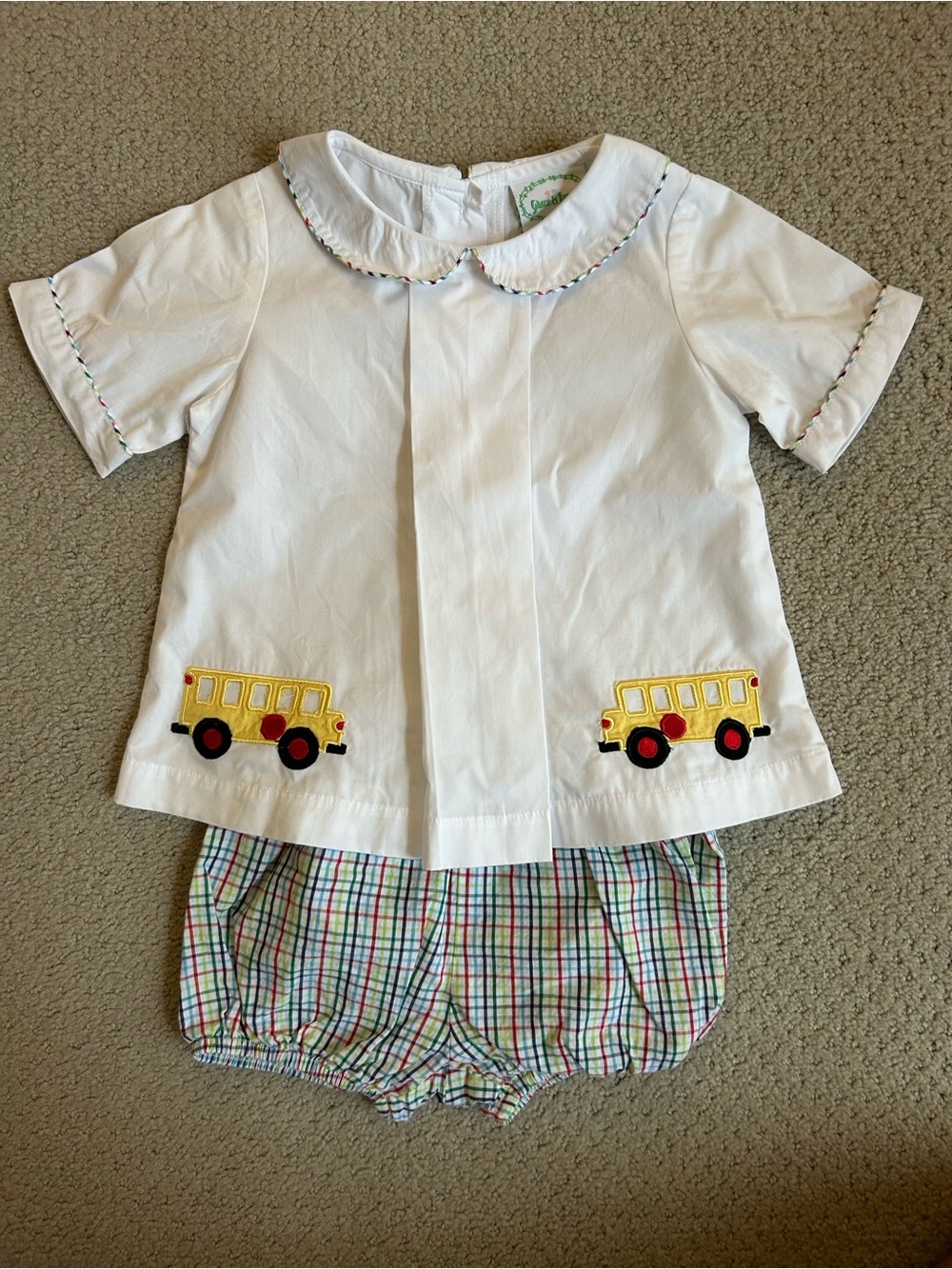 Grace & James White School Bus Embroidered Top with Plaid Bloomers